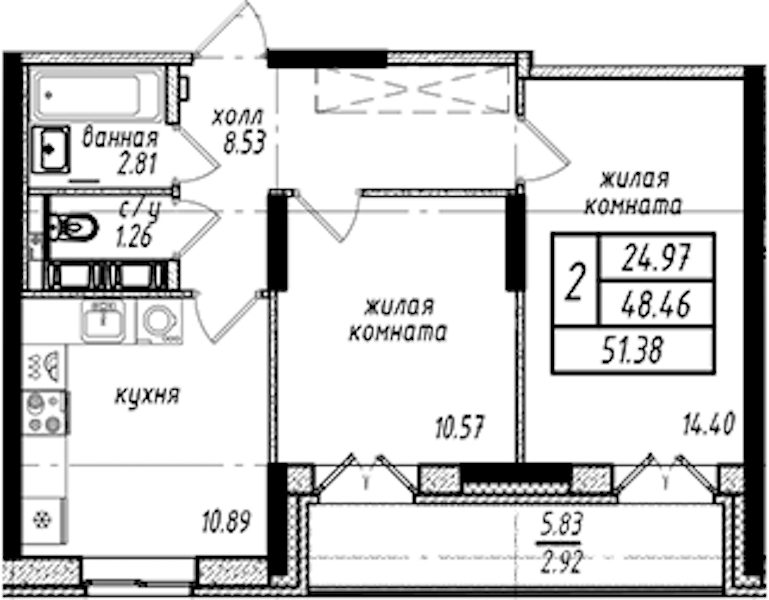 2-комнатная квартира 51.38 м², 2/16 эт., ЖК «Северная Долина»